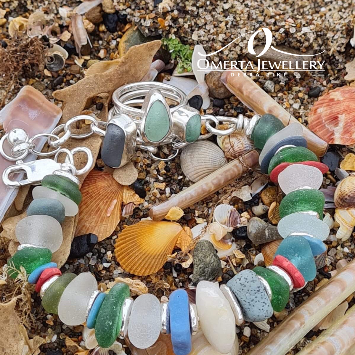 Seaglass and sterling silver bracelet